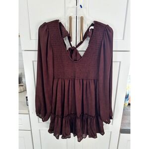 Altar State Chocolate Smocked Peasant Blouse Tie Back L/S Layering Size L